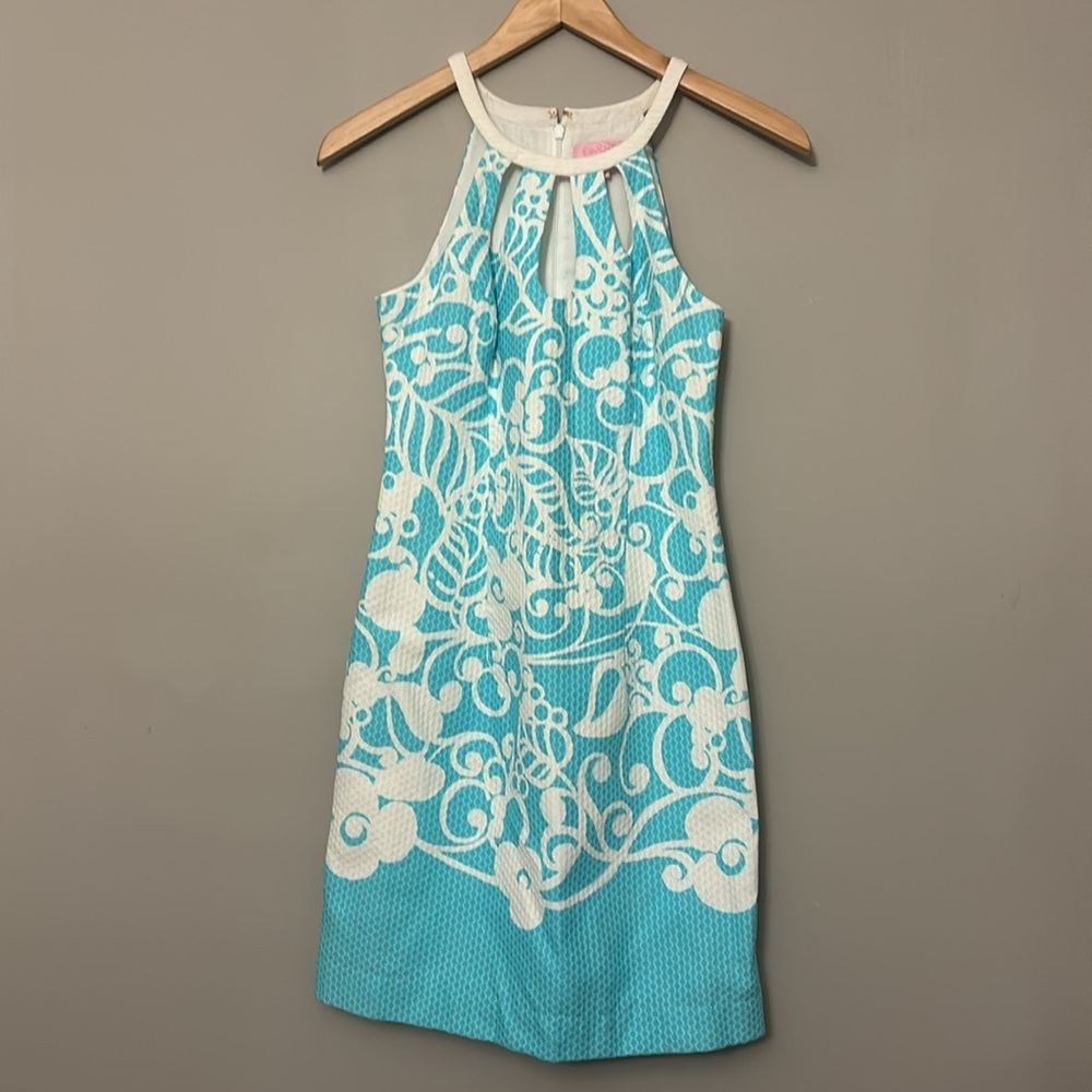Lilly Pulitzer Pearl Shift Shorely Blue Pick Up Lines Floral Halter Dress Sz 00